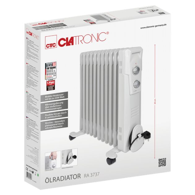 Масляный обогреватель 2300 Вт 11 секций для дома белый Clatronic FK-0624 - изображение 4