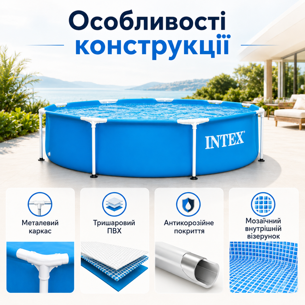 Каркасный бассейн Intex Metal Frame 244×51 см на 1828 л круглый голубой, сборный садовый бассейн с трехслойной ПВХ-чашей - Фото 2 Каркасный бассейн Intex Metal Frame 244×51 см на 1828 л круглый голубой, сборный садовый бассейн с трехслойной ПВХ-чашей - изображение 2