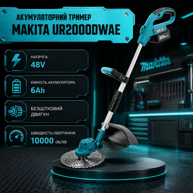 Акумуляторний тример Makita UR2000DWAE 48V 6Ah із двома акумуляторами, безщітковим двигуном, телескопічною штангою та антивібраційною системою для косіння трави й бур'янів - Фото 2 Акумуляторний тример Makita UR2000DWAE 48V 6Ah із двома акумуляторами, безщітковим двигуном, телескопічною штангою та антивібраційною системою для косіння трави й бур'янів - зображення 2