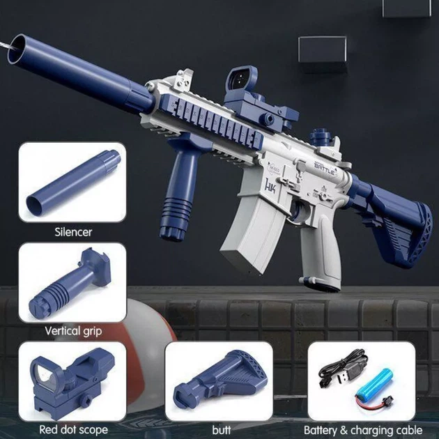 Дитячий електричний водяний автомат Water Gun M416 з акумулятором, USB, дальність до 16 м, 300 мл, синій - Фото 1 Дитячий електричний водяний автомат Water Gun M416 з акумулятором, USB, дальність до 16 м, 300 мл, синій - зображення 1