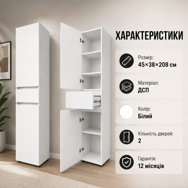 Шафа пенал з висувним ящиком Еверест Лайт ПЛ-1 Білий (44755) - зображення 8