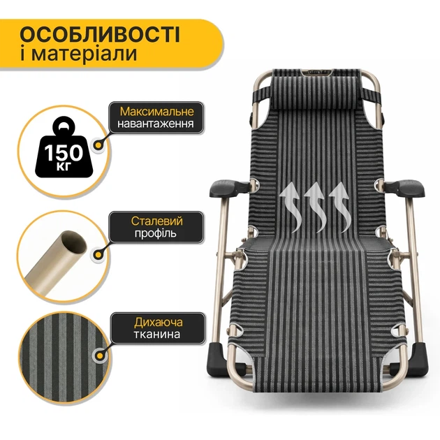 Складное кресло-шезлонг ProDobro 178х66х98 см металл серый с подушкой - изображение 7