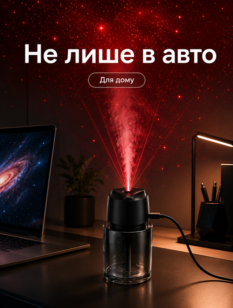 Автомобильный ароматизатор‑увлажнитель для авто с LED‑проектором звездного неба, ультразвуковым увлажнением и питанием от USB компактный для подстаканника - изображение 2