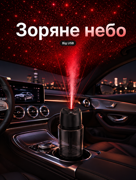 Автомобильный ароматизатор‑увлажнитель для авто с LED‑проектором звездного неба, ультразвуковым увлажнением и питанием от USB компактный для подстаканника - изображение 6