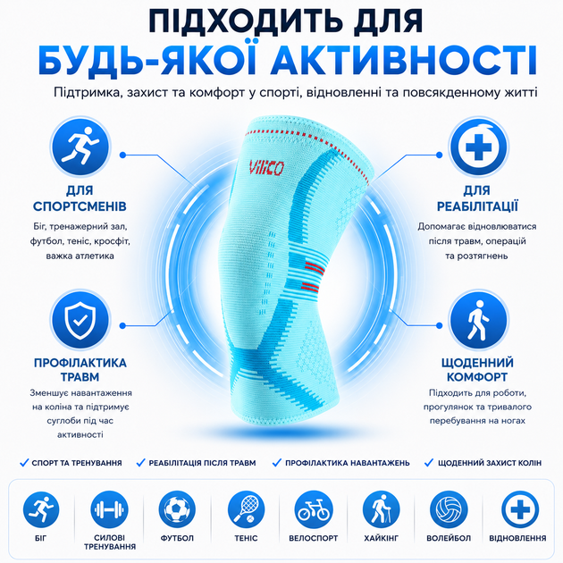 Наколінники компресійні Vilico AB207 розмір XL 2 шт, блакитні, для фітнесу, бігу та щоденної стабілізації коліна - зображення 7