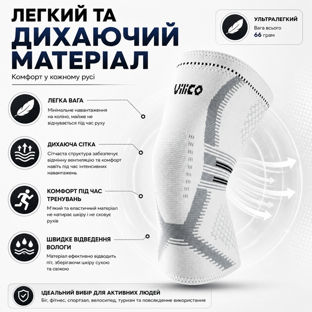 Наколінник компресійний Vilico AB207 розмір XL 1 шт, білий, для фітнесу, бігу та щоденної стабілізації коліна - зображення 5