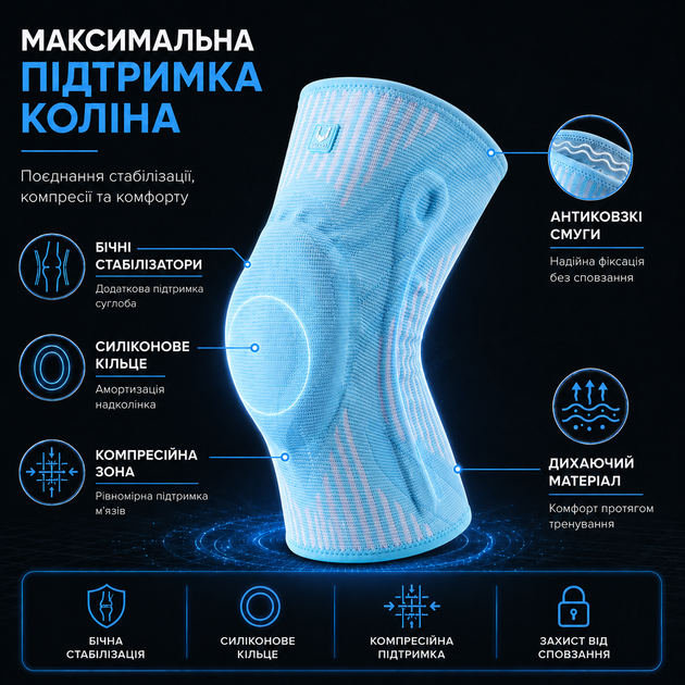 Наколенник компрессионный с боковыми стабилизаторами и силиконовым кольцом Vilico AB162 размер M 1шт голубой, для бега и фитнеса - изображение 4