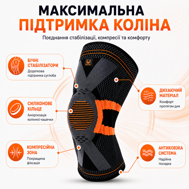 Наколенники компрессионные с боковыми стабилизаторами и силиконовым кольцом Vilico AB110 размер XL 2 шт, оранжевые - изображение 7