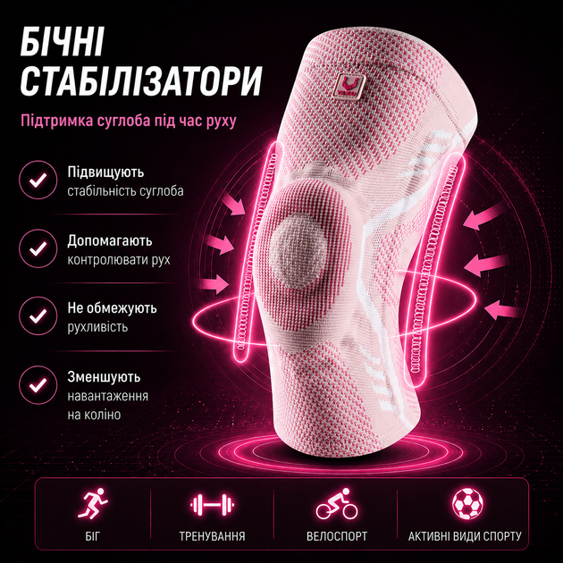 Наколенники компрессионные с боковыми стабилизаторами и силиконовым кольцом Vilico AB102 размер XL 2 шт, розовые - изображение 3