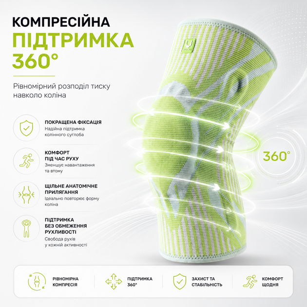 Наколенники компрессионные с боковыми стабилизаторами и силиконовым кольцом Vilico AB162 размер L 2 шт, зеленые - изображение 6