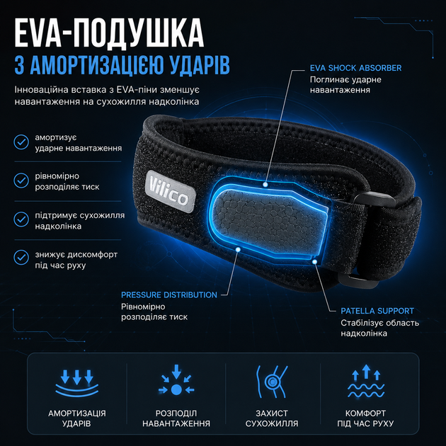 Пателлярный ремешок для колена Vilico AB077, регулируемый фиксатор надколенника, черный, 1 шт. - изображение 3
