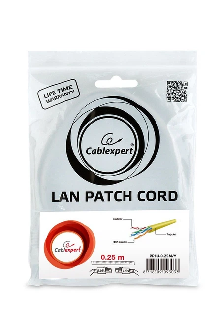 Патч-корд Cablexpert PP6U-0.25M/Y, UTP, категория 6, литой, 50u" штекер с фиксатором, 0.25 м, желтый - изображение 4