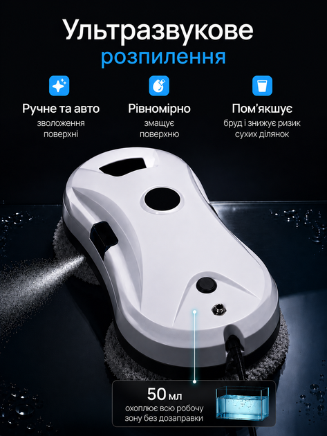 Робот для мойки окон с автоматическим ультразвуковым распилом, для зеркал, плитки, витрин и стекла, с пультом, Белый - изображение 2