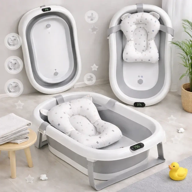 Дитяча ванночка складна Hanert KinderBad Grey для купання новонародженої дитини немовлят з термометром зі зливом і вкладишем подушкою на ніжках - Фото 10 Дитяча ванночка складна Hanert KinderBad Grey для купання новонародженої дитини немовлят з термометром зі зливом і вкладишем подушкою на ніжках - изображение 10