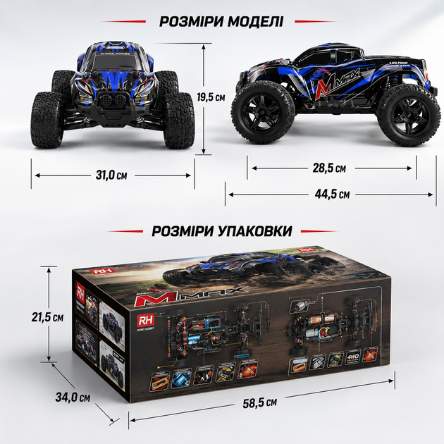 Радиоуправляемая машинка REMO Hobby M-Max 1031 1/10 4WD монстр-трак, LiPo 3300mAh, 40 км/ч, 2.4GHz, синяя - изображение 4