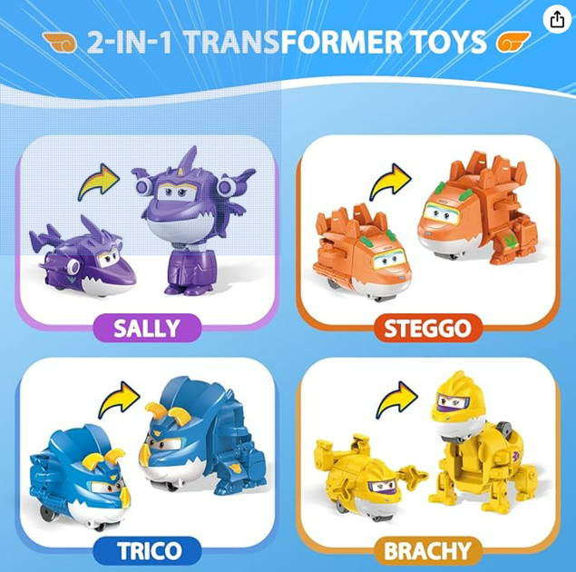 Набор игровых фигурок-трансформеров Super Wings Transform-a-Bots (Супер Крылья) - 4 героя Sally, Brachy, Trico, Stego - Фото 8 Набор игровых фигурок-трансформеров Super Wings Transform-a-Bots (Супер Крылья) - 4 героя Sally, Brachy, Trico, Stego - изображение 8