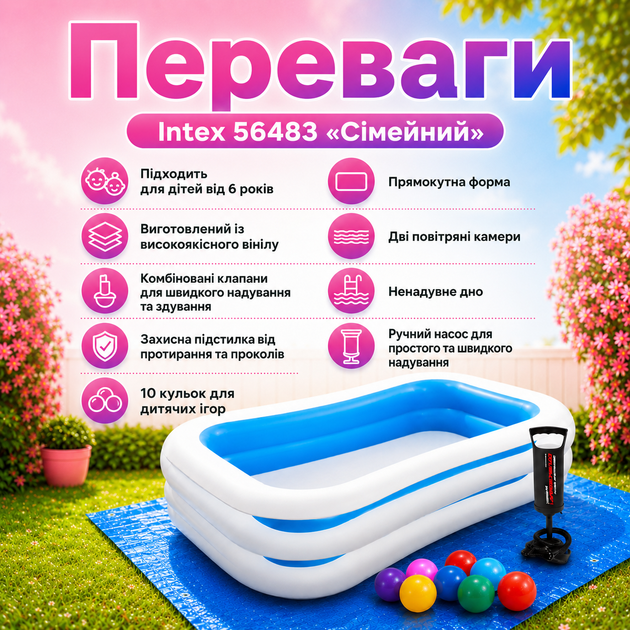Детский надувной бассейн Intex 56483 «Семейный» прямоугольный с ручным насосом, комплектом из 10 игровых шариков, семейный бассейн для детей, синий, 262×175×56 см, 770 л - изображение 4