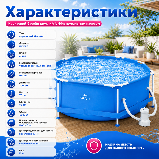 Каркасный бассейн круглый с фильтрующим насосом, металлической рамой, картриджем, трехслойной чашей Tri-Tech ПВХ, сливным клапаном, комплектом для ремонта, объемом 4383 л, размер 300×76 см - изображение 4