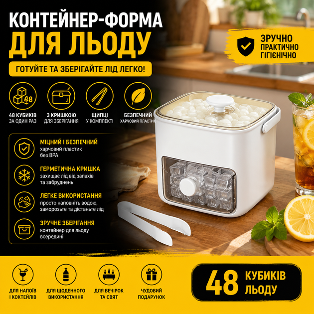 Контейнер для льоду на 48 кубиків з кришкою та щипцями, Форма для льоду з кнопкою та контейнером для зберігання - изображение 2