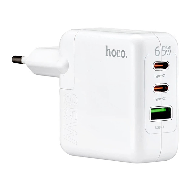 Зарядний пристрій Hoco PD 65 Вт GaN трипортовий (2 USB-C, 1 USB-A) Білий (C115A) - Фото 2 Зарядний пристрій Hoco PD 65 Вт GaN трипортовий (2 USB-C, 1 USB-A) Білий (C115A) - зображення 2
