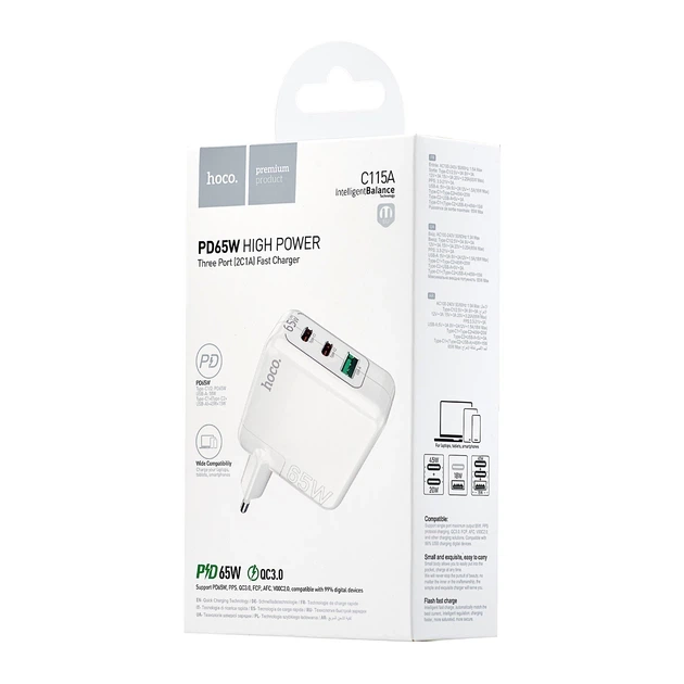 Зарядний пристрій Hoco PD 65 Вт GaN трипортовий (2 USB-C, 1 USB-A) Білий (C115A) - Фото 5 Зарядний пристрій Hoco PD 65 Вт GaN трипортовий (2 USB-C, 1 USB-A) Білий (C115A) - зображення 5