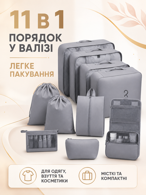 Набор дорожных органайзеров для чемодана 11 в 1 для одежды обуви белья косметики вещей путешествий серый (49676173) - изображение 2