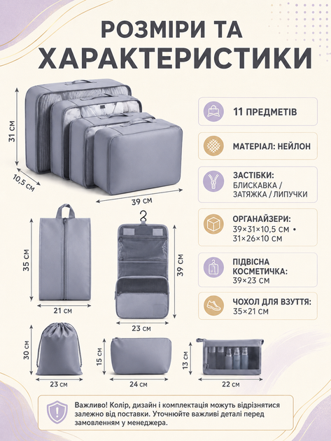 Набор дорожных органайзеров для чемодана 11 в 1 для одежды обуви белья косметики вещей путешествий серый (49676173) - изображение 3