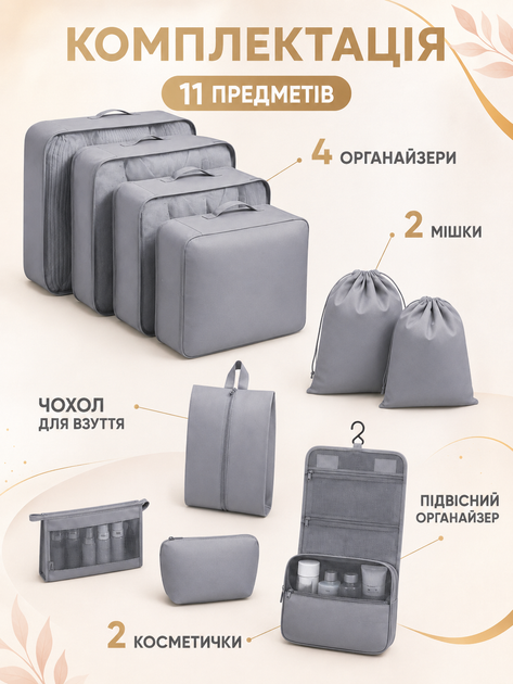 Набор дорожных органайзеров для чемодана 11 в 1 для одежды обуви белья косметики вещей путешествий серый (49676173) - изображение 6
