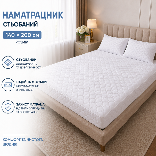 Наматрасник стеганый защитный 140х200 см на резинке белый для матраса высота 23 см - Фото 2 Наматрасник стеганый защитный 140х200 см на резинке белый для матраса высота 23 см - изображение 2