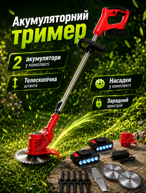 Аккумуляторный триммер для сада и дачи с набором насадок 5 в 1 и двумя аккумуляторами 48V 5Ah, с телескопической штангой и защитным кожухом - Фото 1 Аккумуляторный триммер для сада и дачи с набором насадок 5 в 1 и двумя аккумуляторами 48V 5Ah, с телескопической штангой и защитным кожухом - изображение 1
