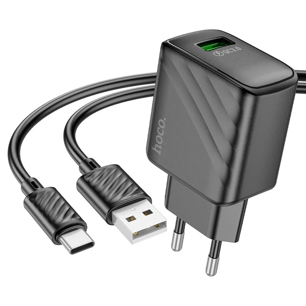 Мережевий зарядний пристрій з кабелем HOCO CS21A Rich single port QC3.0 charger set (Type-C)(EU) Black - Фото 1 Мережевий зарядний пристрій з кабелем HOCO CS21A Rich single port QC3.0 charger set (Type-C)(EU) Black - зображення 1