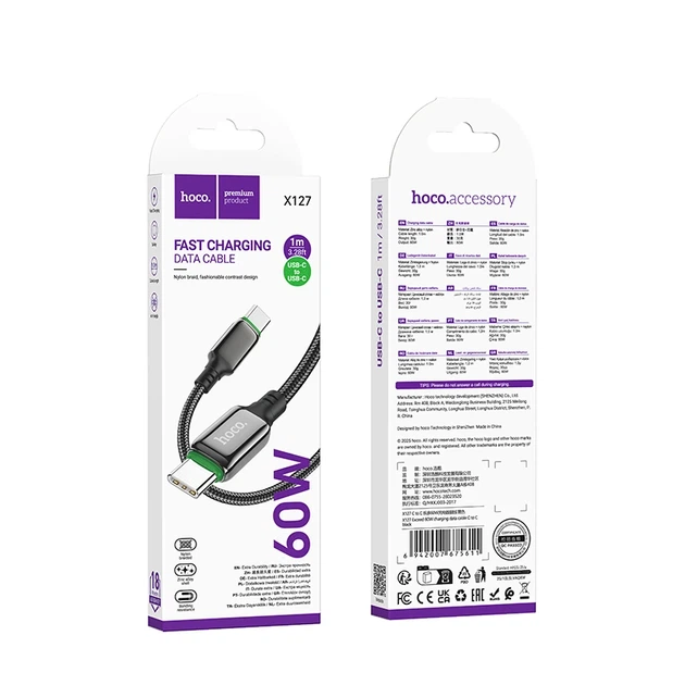 Кабель HOCO X127 Exceed 60W charging data cable C to C Black - Фото 2 Кабель HOCO X127 Exceed 60W charging data cable C to C Black - изображение 2