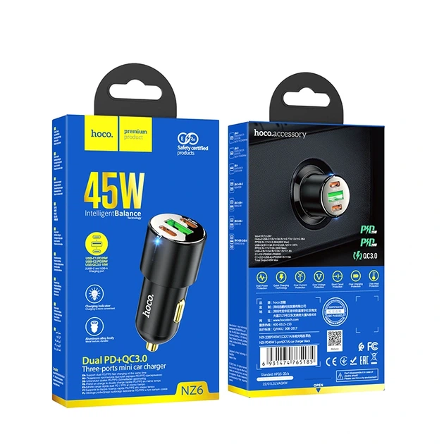 Автомобільний зарядний пристрій HOCO NZ6 PD45W 3-port(2C1A) car charger Black - зображення 2
