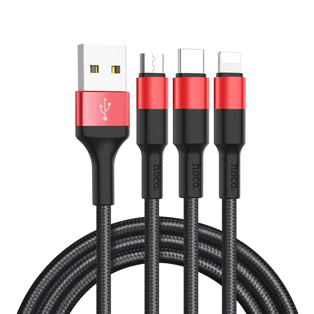 Кабель HOCO X26 Xpress one pull three charging cable iP+Micro+Type-C Black+Red - Фото 1 Кабель HOCO X26 Xpress one pull three charging cable iP+Micro+Type-C Black+Red - зображення 1