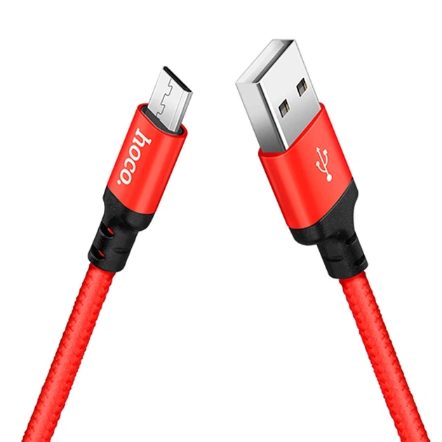 Кабель HOCO X14 USB to Micro 2,4A, 1m, nylon, aluminum connectors Black-red - Фото 4 Кабель HOCO X14 USB to Micro 2,4A, 1m, nylon, aluminum connectors Black-red - зображення 4