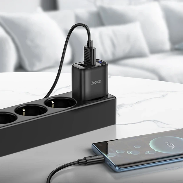 Мережевий зарядний пристрій з кабелем HOCO C141A Smart dual-port charger set(Type-C) Black - изображение 5