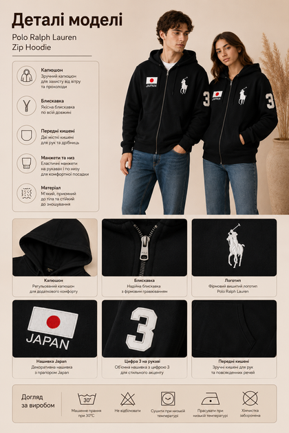 Толстовка Polo Ralph Lauren черное унисекс - на замке с капюшоном, нашивкой Japan, белым логотипом и номером 3 на рукаве размер XXS - изображение 4