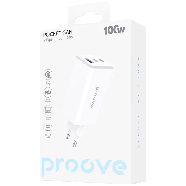 Сетевое зарядное устройство Proove Pocket GaN Max 100W (2xType-C + USB) с PD 3.1 & QC 4.0, белый - Фото 2 Сетевое зарядное устройство Proove Pocket GaN Max 100W (2xType-C + USB) с PD 3.1 & QC 4.0, белый - изображение 2