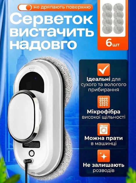 Робот для миття вікон автоматичний з пультом, мийник скла 80W, 6 насадки, для вікон, дзеркал і плитки, від мережі, білий - изображение 2
