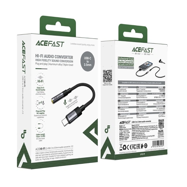 Аудиоадаптер ACEFAST J12 USB Type-C → 3.5 мм (AUX) для наушников, 15 см, черный - изображение 2