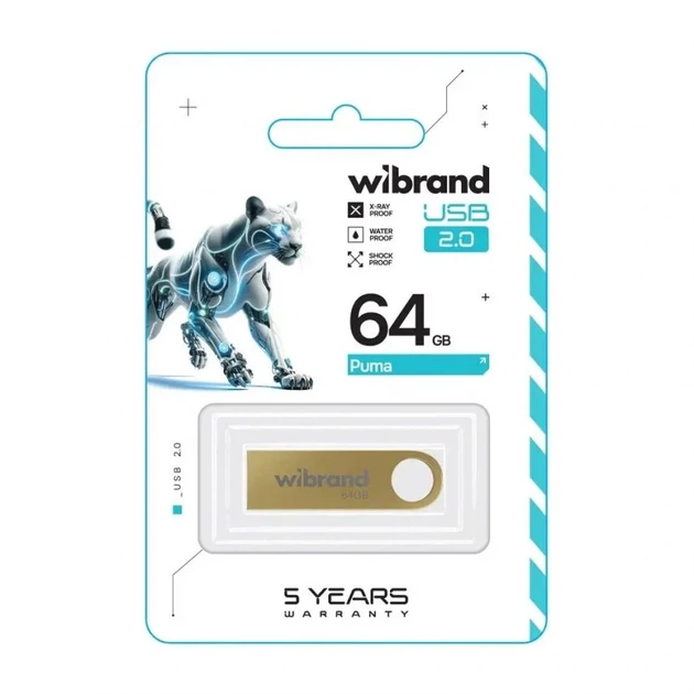 Флеш-пам'ять USB 64GB Wibrand Puma USB 2.0 металевий моноблок золотий - Фото 2 Флеш-пам'ять USB 64GB Wibrand Puma USB 2.0 металевий моноблок золотий - зображення 2