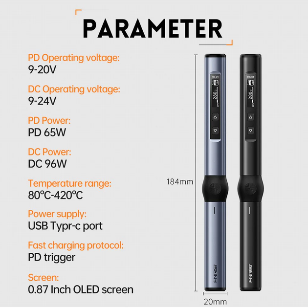 Электрический паяльник Fnirsi HS-01 Black 65/96 Вт 80-420°C USB/DC умный паяльник с регулировкой температуры - изображение 5