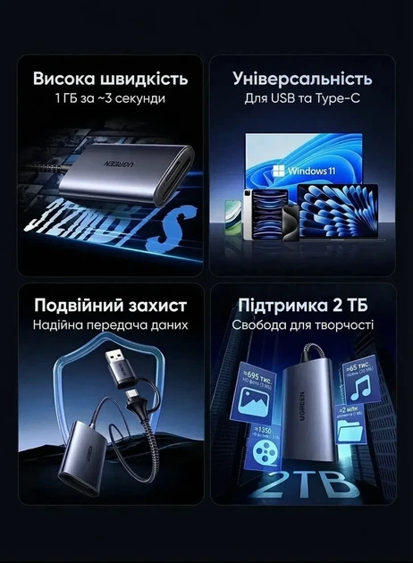Кард-рідер SD Ugreen USB-C/USB-A UHS-II 312 МБ/с 0.5 м Grey (CM401) - зображення 3