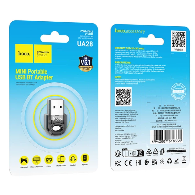 Bluetooth адаптер HOCO UA28 USB BT чорний - Фото 2 Bluetooth адаптер HOCO UA28 USB BT чорний - изображение 2