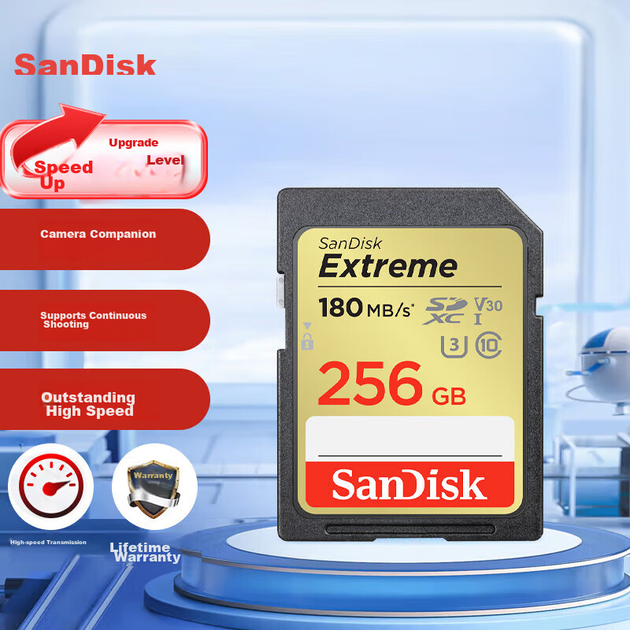 Карта пам'яті SanDisk SD 256 ГБ, 4K V30 U3 C10, карта пам'яті для камери, швидкість читання 180 МБ/с, швидкість запису 130 МБ/с, високошвидкісна серійна зйомка, бездзеркальна/дзеркальна камера - зображення 4
