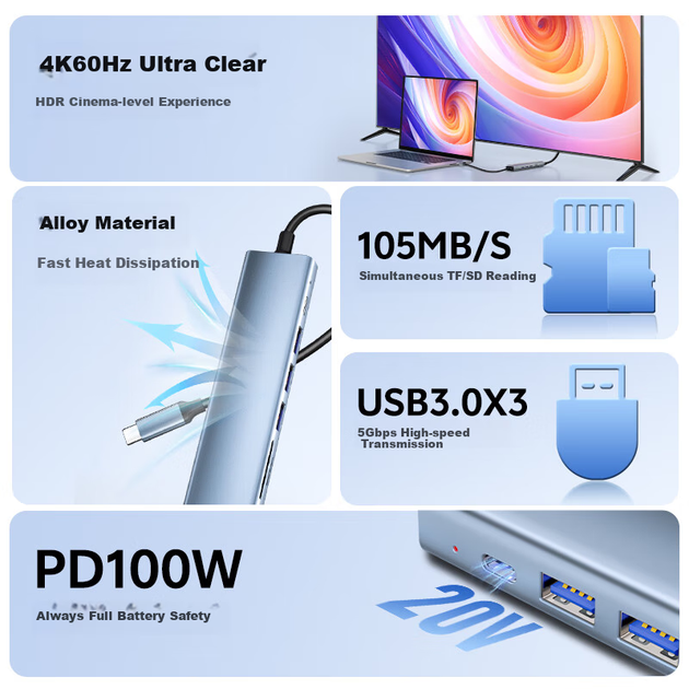 Док-станція ULT-Unite Type-C - HDMI 4K PD 100Вт, для MacBook/iPad, SD/TF - зображення 5