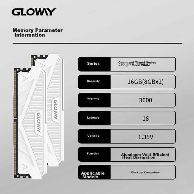 Модуль пам'яті Gloway 16 ГБ (8 ГБ x 2) DDR4 3600 для настільних комп'ютерів, панель оперативної пам'яті Tianche, преміум-чіпи, CL18, яскраво-білий місячно-білий, оновлення аксесуарів для комп'ютерів зі штучним інтелектом - зображення 7