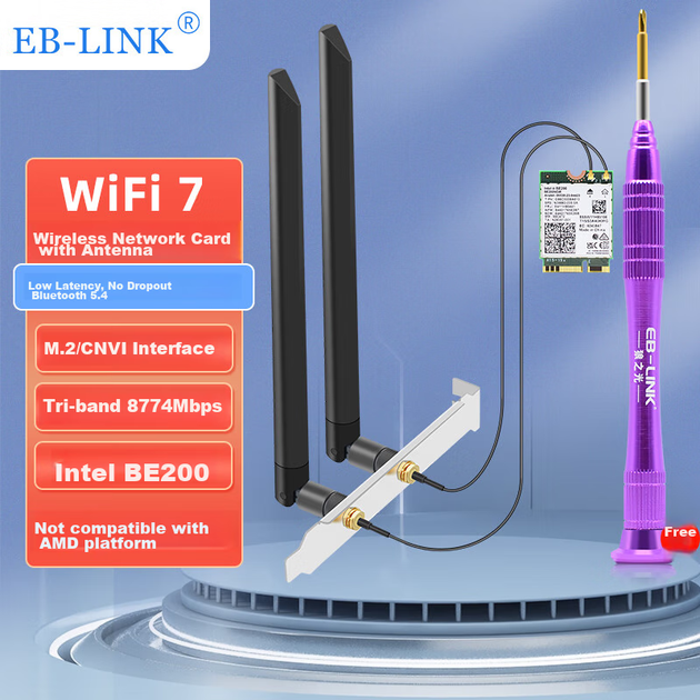 EB-LINK Intel BE200 Chip Desktop Wireless Network Card with External Antenna, M.2 Interface, WiFi 7 Tri-Band Network Card, Bluetooth 5.4, Internal Module for Computer Motherboard - изображение 4