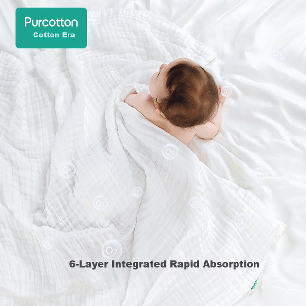 Дитячий банний рушник PurCotton, 6-шаровий марлевий банний рушник, що прається, подарункова коробка з чистої бавовни для дитячого банного рушника, білий, 95*95 см - изображение 6