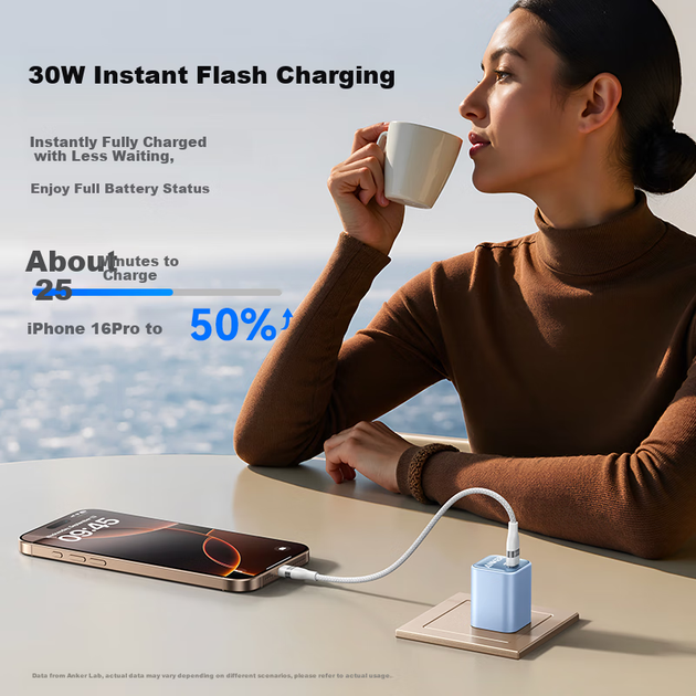 Зарядний пристрій ANKER 30W GaN Type-C PD20W, швидка зарядка, сумісний з iPhone 17/16/15/14/13, білий - зображення 3